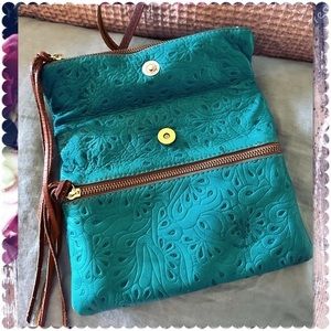 VINTAGE TEAL ITALIAN TOOLED LEATHER FOLD OVER CROSSBODY BAG